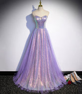 Robe de bal longue en tulle violet à sequins, robe de soirée s84