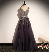 Robe de bal longue en tulle à col en V élégante, robe de soirée trapèze s76