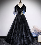 Black velvet lace long prom dress evening dress s103