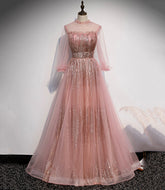 Robe de bal longue en tulle rose à sequins, robe de soirée rose s109
