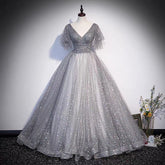 Robe de bal longue en tulle gris à sequins, coupe trapèze, taille 65