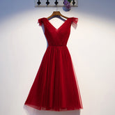 Vestido corto de tul color burdeos con escote en V para fiesta de bienvenida, talla 95