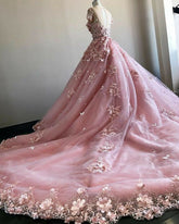Pink 3D Flowers With Court Train,Pink Ball Gown Wedding Dress Bridal Gown Y1406