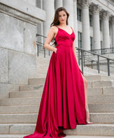 Baoleely Sexy V neck Split Backless Red Bridesmaid Dresses with pockets Dress