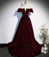 Robe de bal longue en velours bordeaux, robe de soirée trapèze s53