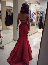 Burgundy Satin Mermaid/Trumpet Prom Dress Backless Evening Dress Y1908