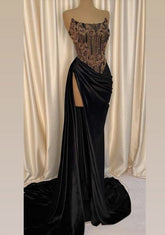 Black Strapless Long Evening Dress , Chic Black Prom Dress with High Split , Black Gala Dress Y1903