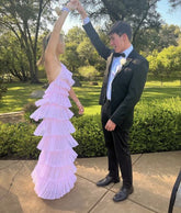 Robe de soirée longue rose sexy à dos nu et volants, robe de cérémonie chic Y1586