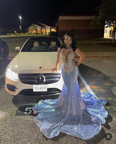 Robe de soirée sirène bleue à paillettes scintillantes pour filles noires Y1632