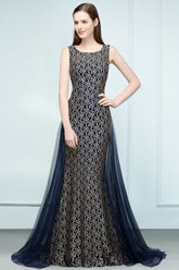 Robe de bal sirène dorée longue sans manches en dentelle à col rond