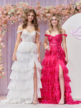 Robe de bal bustier à épaules dénudées et volants en dentelle