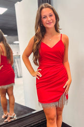 Sheath V-Neck Pleated Homecoming Dress with Tassels