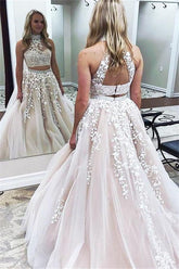 Glamorous Halter Designer Two Pieces Applique Prom Dresses Chic Lace Up Crystal Evening Dresses with Beads