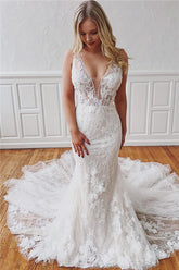 Vestidos de novia de sirena con encaje, escote en V y tirantes largos, glamurosos y desmontables