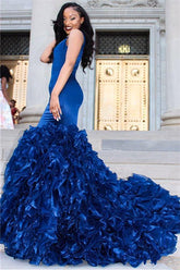 Vestidos de fiesta rosas sin mangas con volantes y escote en V, estilo sirena glamuroso