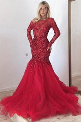 Glamorous Scarlet Long Sleeves Mermaid Prom Dresses Gorgeous Sequins Fit and Flare Formal Dresses