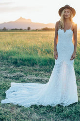 Precioso vestido de novia rústico de sirena con escote corazón y encaje color marfil WD512