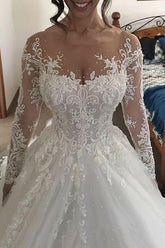 Preciosos vestidos de novia largos de corte A en tul color marfil con encaje y mangas