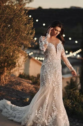 Preciosos vestidos de novia largos de sirena con encaje y mangas largas