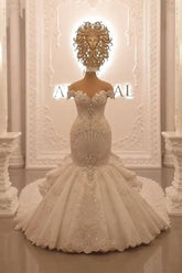 Preciosos vestidos de novia largos de sirena con hombros descubiertos y espalda descubierta con cristales