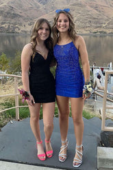 Gorgeous Short Royal Blue Tight Glitter Spaghetti Straps Homecoming Dress