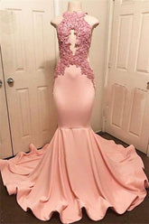 Vestidos de fiesta de encaje rosa con cuello halter, vestidos formales de sirena