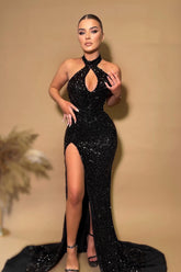 Halter Sleeveless Mermaid Prom Dresses with Sequins Split Black