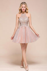 Vestido corto brillante con cuello halter para baile de bienvenida, encaje floral, corte A, hasta la rodilla.