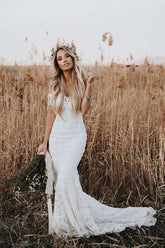 Ivory Mermaid Lace Wedding Dresses Neckline Beach Wedding Dress WD288