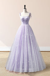 Lavender Tulle Straps Floor Length Evening Dress, Lavender A-Line Prom Dress