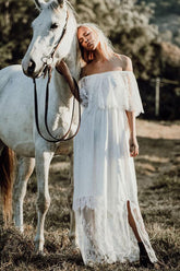 Vestido de novia largo de corte A con hombros descubiertos, de tul y encaje