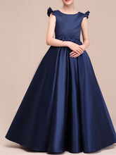 Vestidos largos de satén de corte A, manga corta y cuello joya para niña de las flores (estilo concurso).