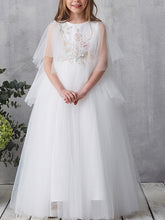 Vestidos largos de tul de corte A, manga corta, cuello joya, para niña de las flores (para concursos de belleza)