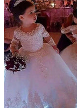 Vestido largo de princesa con encaje, cuello joya y mangas para niña de las flores en bodas
