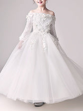 Vestido largo de gala con hombros descubiertos para niña de las flores en la primera comunión, con mangas.