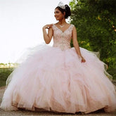 Long Ball Gown V-neck Tulle Quinceanera Dress