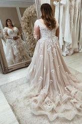Vestidos de novia largos de talla grande, corte A, escote corazón, tul y mangas de encaje