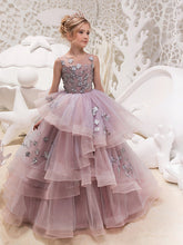 Robe longue princesse en dentelle, organza et tulle, col bijou, maxi, pour fête, anniversaire, concours de beauté, demoiselle d'honneur