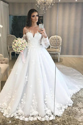 Vestido de novia largo de princesa, estilo princesa, de tul con hombros descubiertos y mangas abullonadas