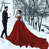 Baoleely Luxury Red Lace Foral Wedding Dresses Long Train