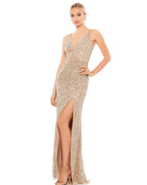 Vestido largo de fiesta sin mangas con abertura alta