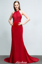 Vestido de dama de honor sin mangas con escote halter y encaje charmeuse estilo sirena, vestido de graduación largo hasta el suelo