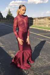 Vestido de fiesta de sirena, de manga larga, sin mangas, de gasa con apliques y cuentas, con cuello alto y largo hasta el suelo.