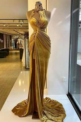 Robe de bal sirène à col montant, volants, sans manches, strass, longue et fendue jusqu'en haut