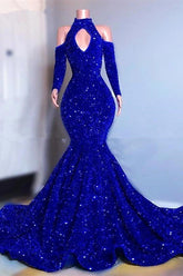 Robe de bal sirène longue bleu roi moderne à sequins et manches longues