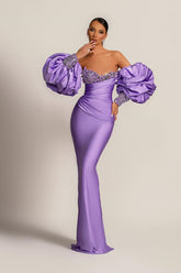 Robe de bal sirène lilas modeste à manches amovibles et sequins