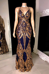 Robe de bal sirène à fines bretelles et sequins, col V long, taille basse