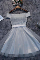 Off Shoulder Grey Tulle Short Prom Dresses Homecoming Dresses PD111