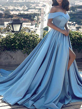 Off Shoulder Prom Dress Long Satin Formal Gowns with Slit