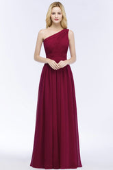 One-shoulder Floor Length Burgundy Ruffled Chiffon A-line Bridesmaid Dresses